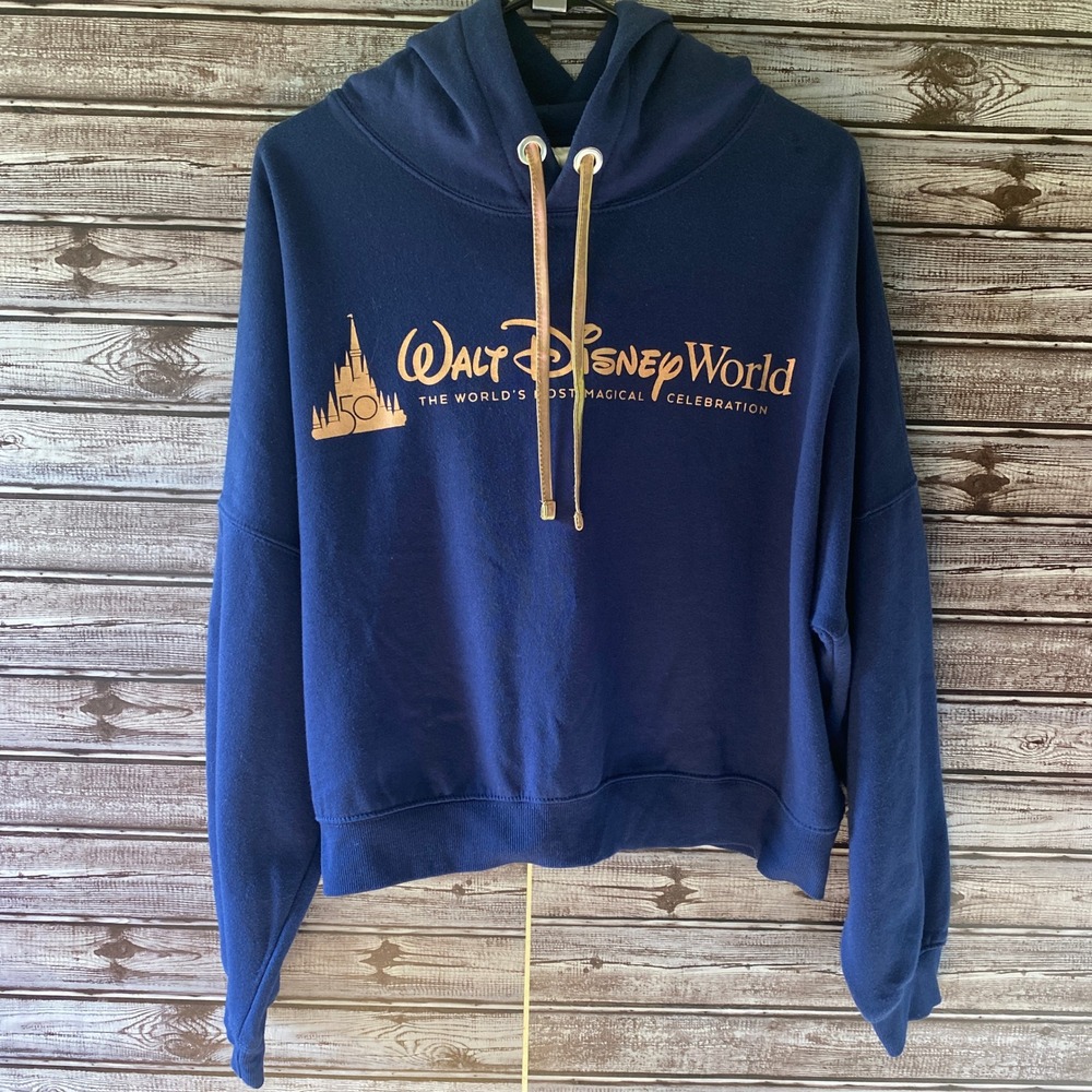 Disney Women's Cropped Hooded Sweatshirt Sz XL Blue Rose-Gold Walt Disney‎ World